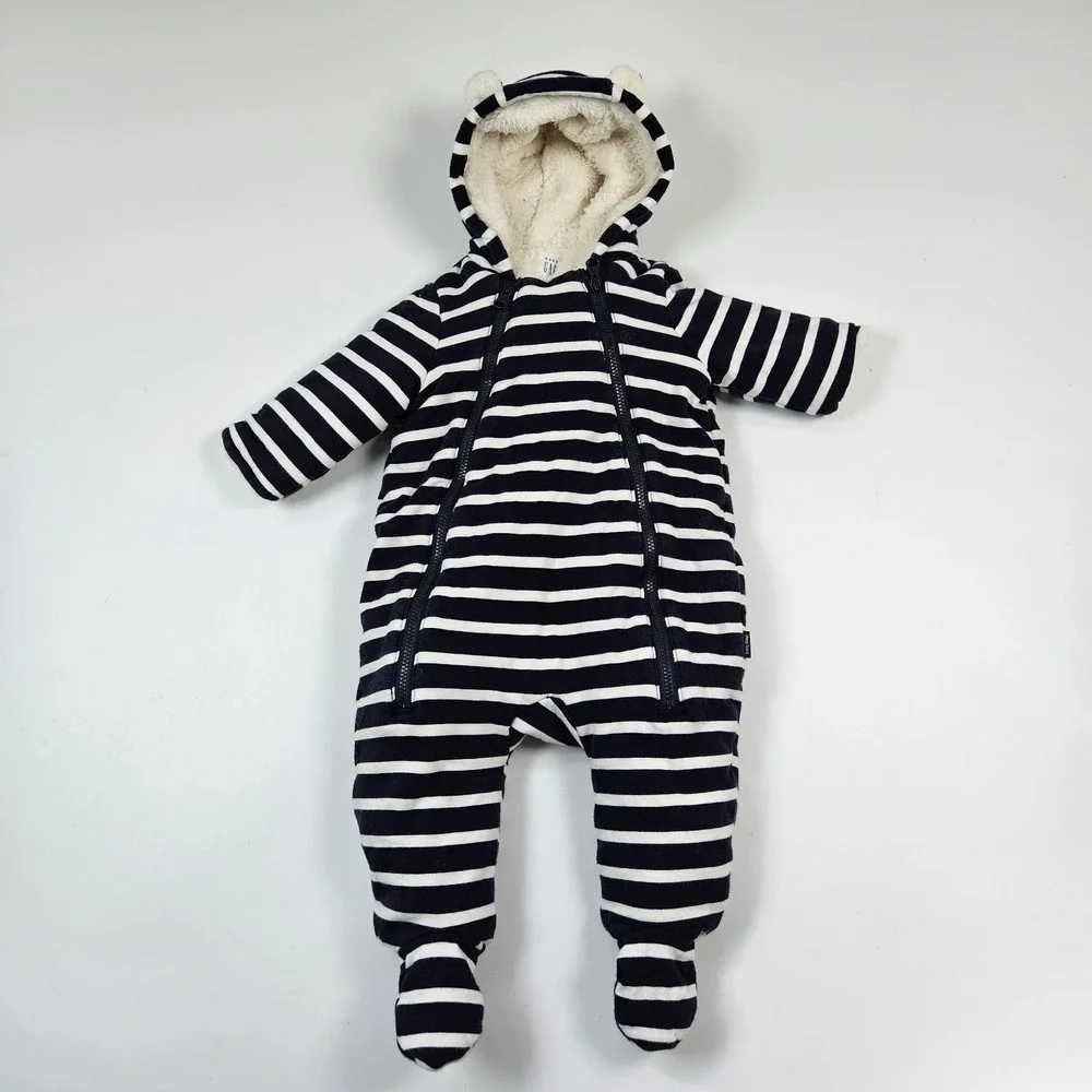 Baby Gap Navy White Striped Sherpa Lined Hooded Pram Suit‎ Bunting 3-6m Bear